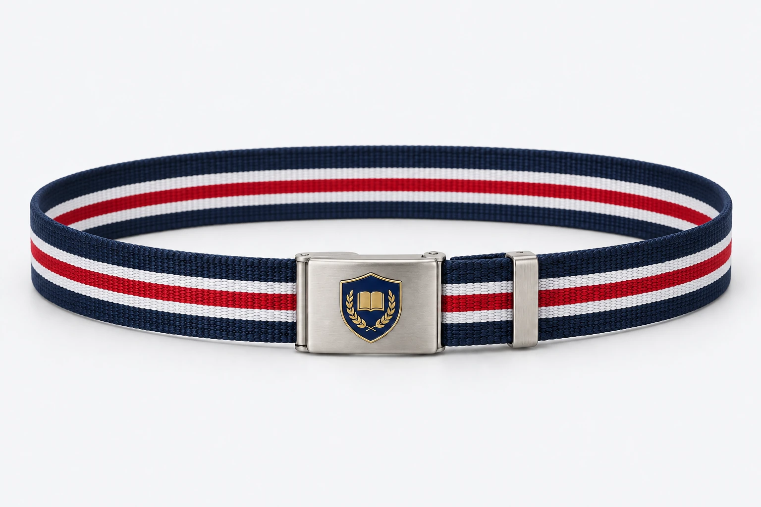 School Belts — navy webbing with red and white central stripe, brushed silver rectangular clamp buckle. product. Illustrative catalogue concept.