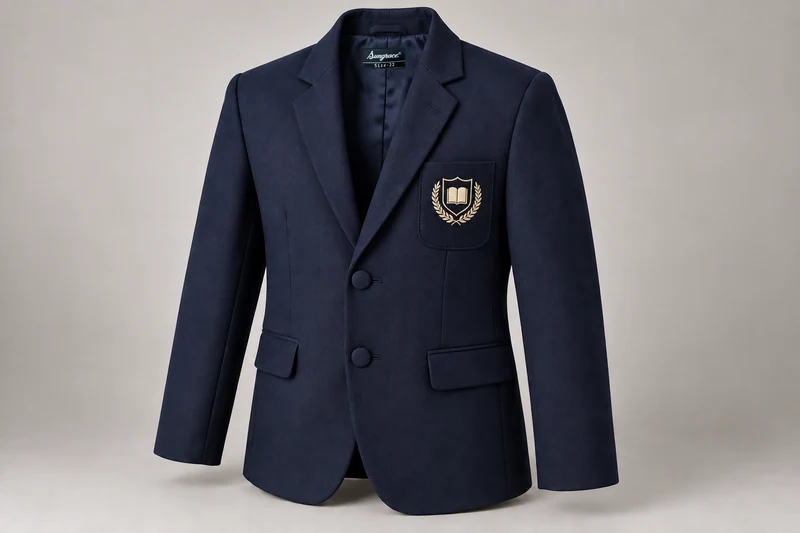 School Blazers — Navy fabric-covered buttons. product. Illustrative catalogue concept.