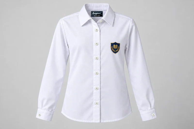 Full-Sleeve School Blouses — white pocket-free pointed-collar blouse with direct left-chest embroidery. front product photograph. Illustrative catalogue concept.