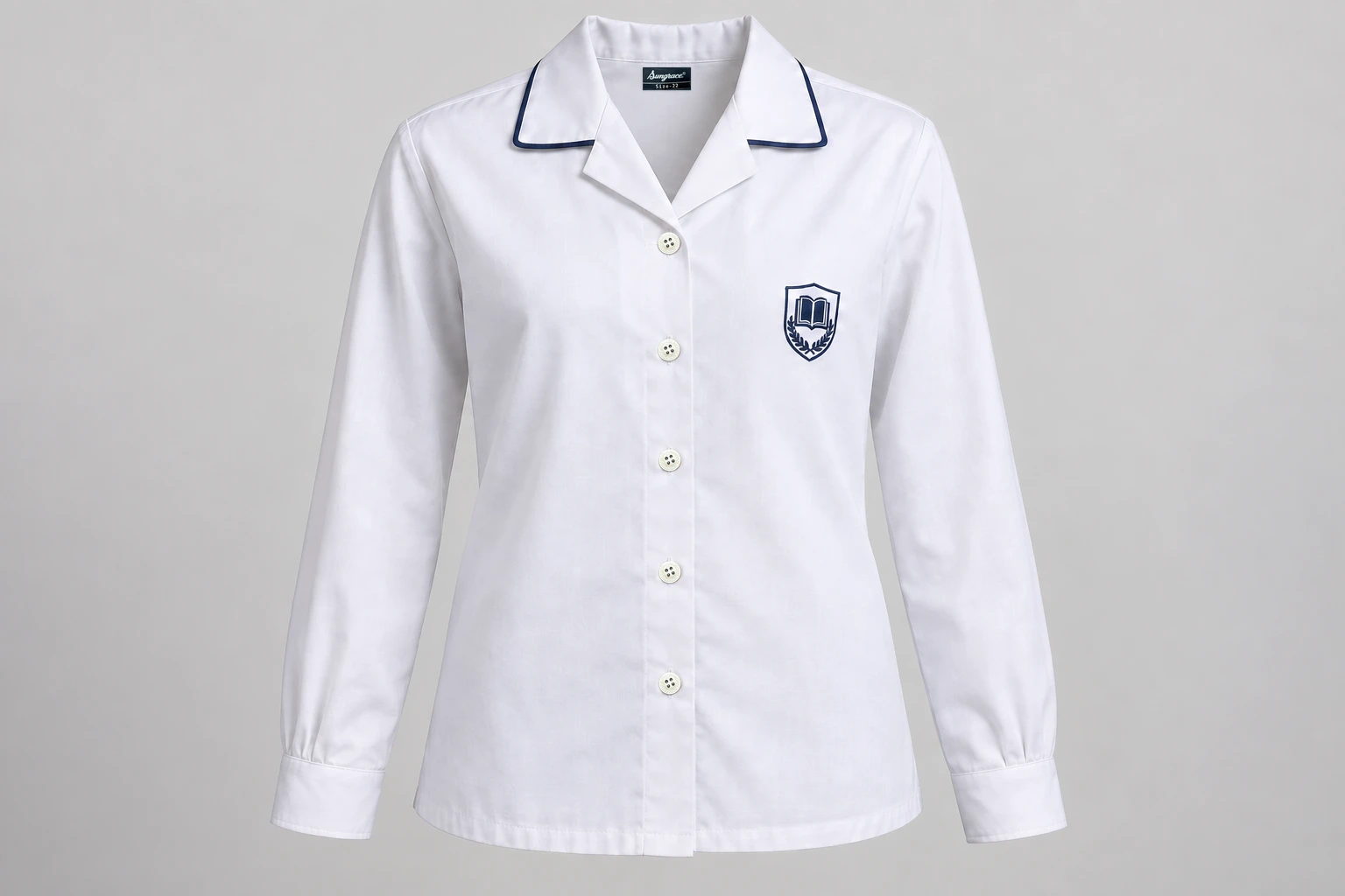 Full-Sleeve School Blouses — white revere collar with narrow navy trim. front product photograph. Illustrative catalogue concept.