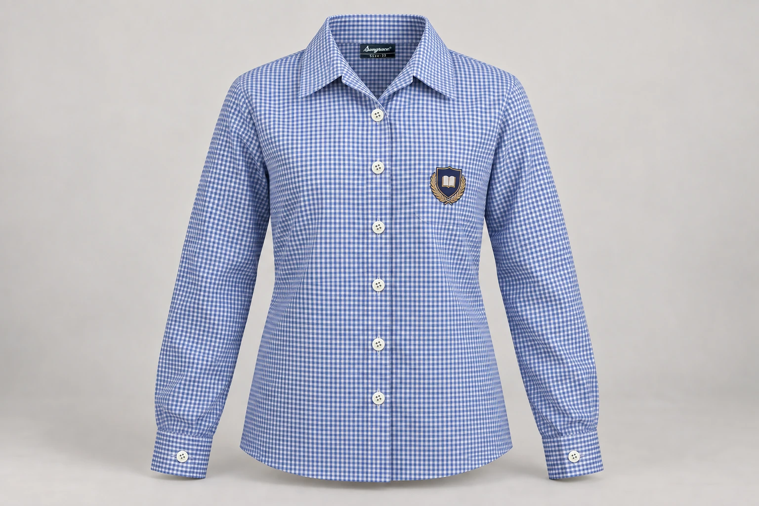 Full-Sleeve School Blouses — small blue and white woven check with navy sample crest. front product photograph. Illustrative catalogue concept.