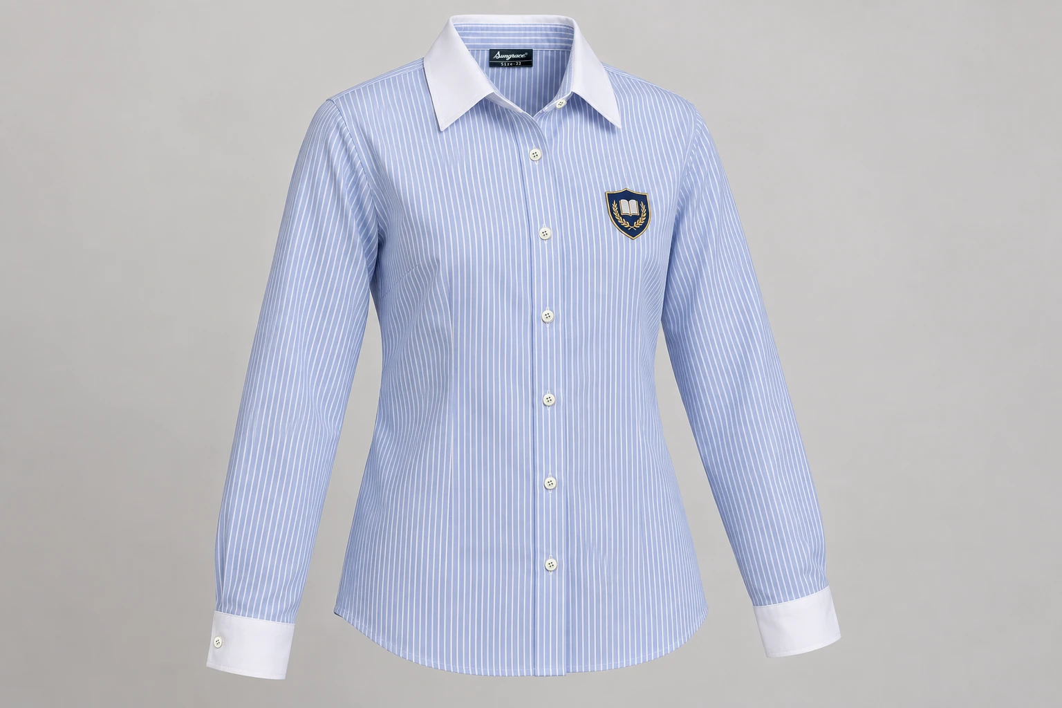 Full-Sleeve School Blouses — fine blue vertical stripe with white collar and cuffs. front three-quarter product photograph. Illustrative catalogue concept.