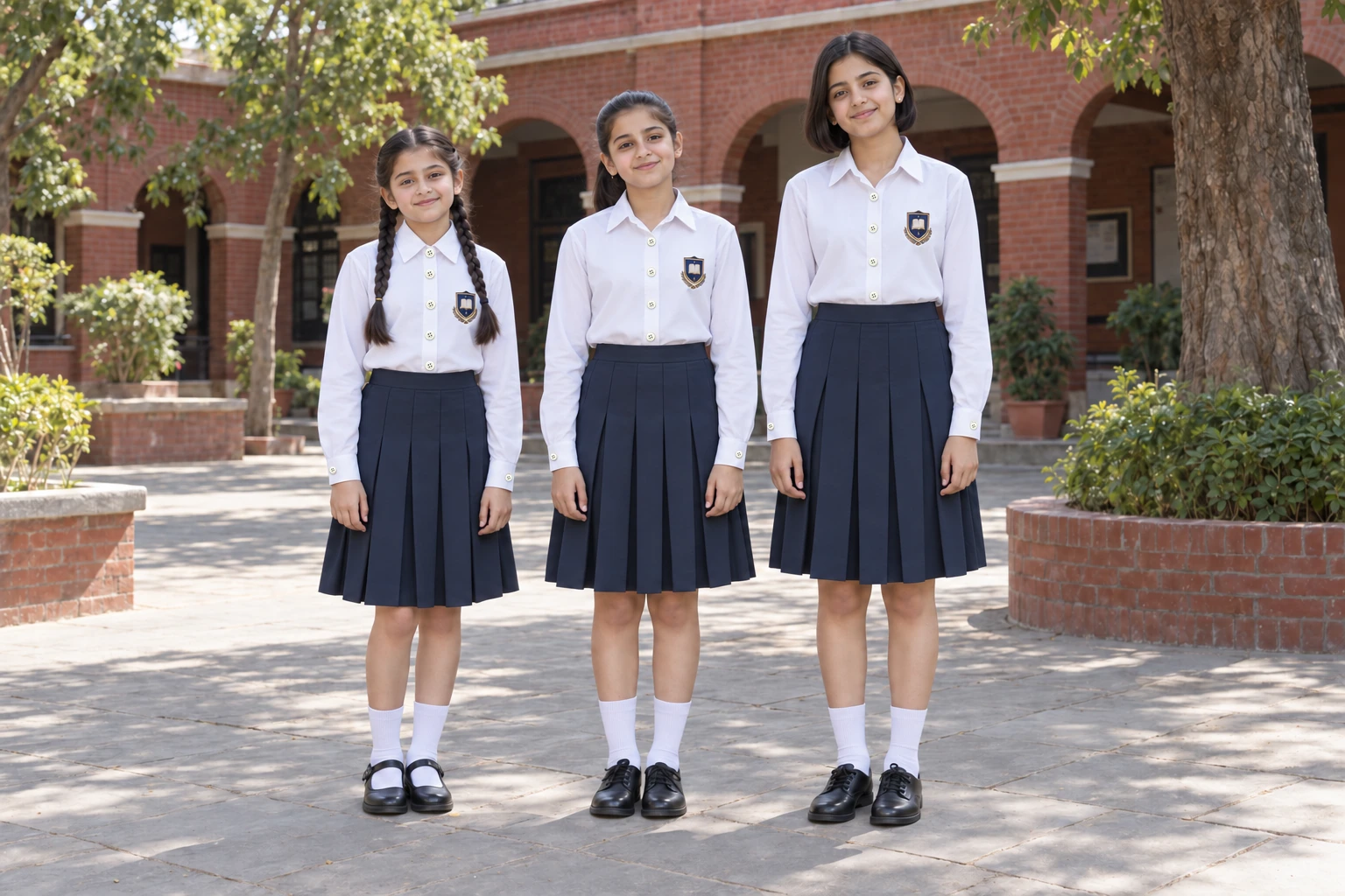 Full-Sleeve School Blouses — white pointed-collar blouses and navy knee-length skirts. full-length group location photograph. Illustrative catalogue concept.