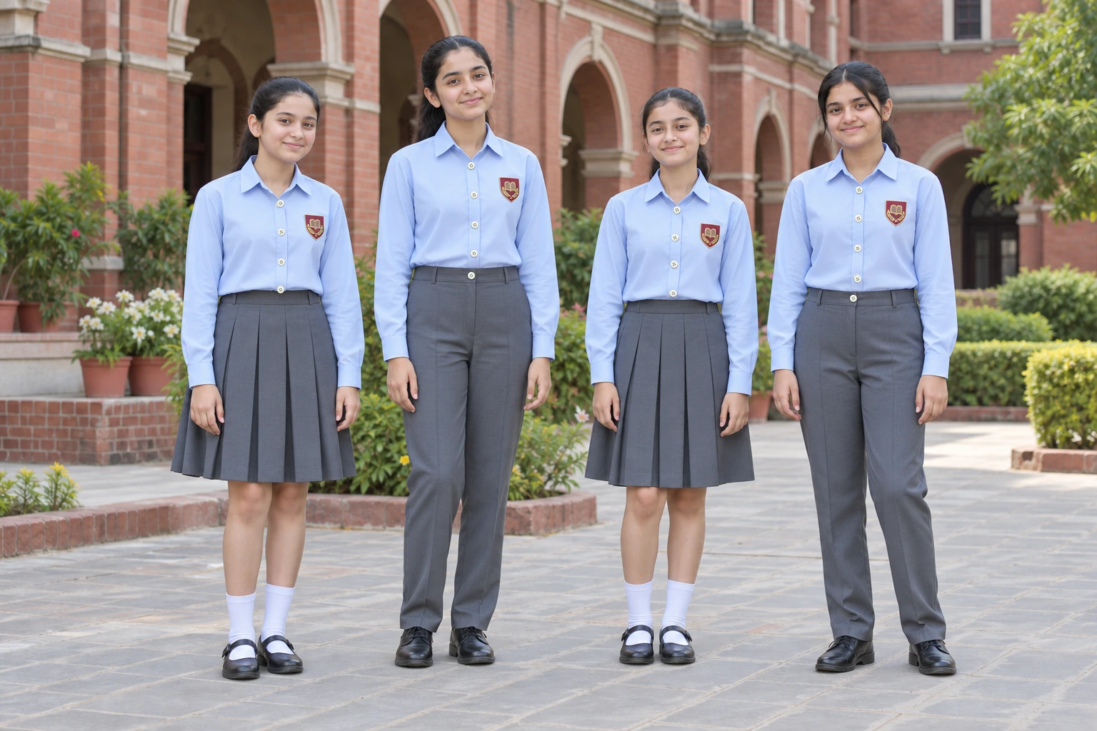 Full-Sleeve School Blouses — powder-blue long-sleeve blouses with grey school bottoms. full-length group location photograph. Illustrative catalogue concept.