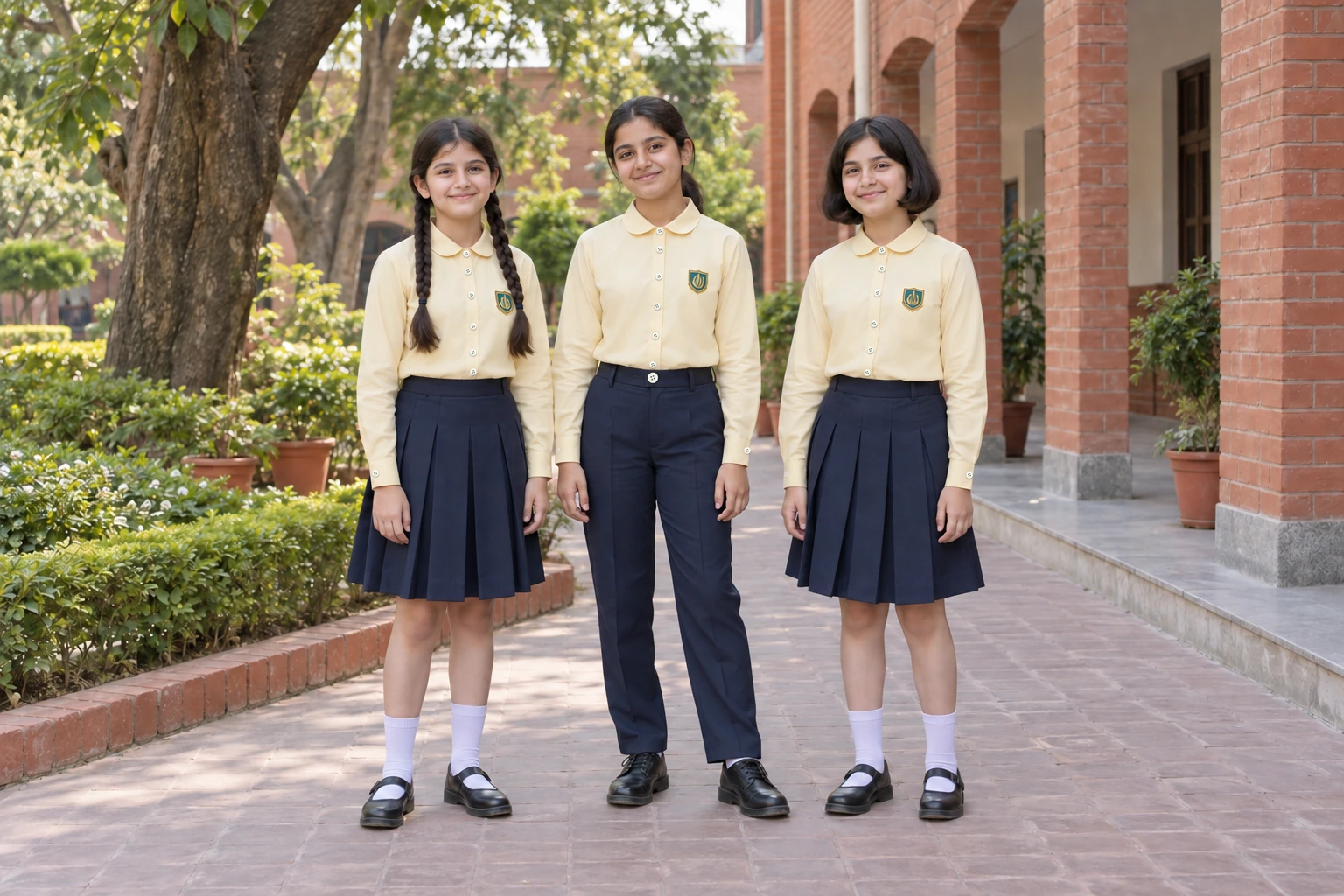 Full-Sleeve School Blouses — soft-yellow rounded-collar blouses with navy bottoms. full-length group location photograph. Illustrative catalogue concept.
