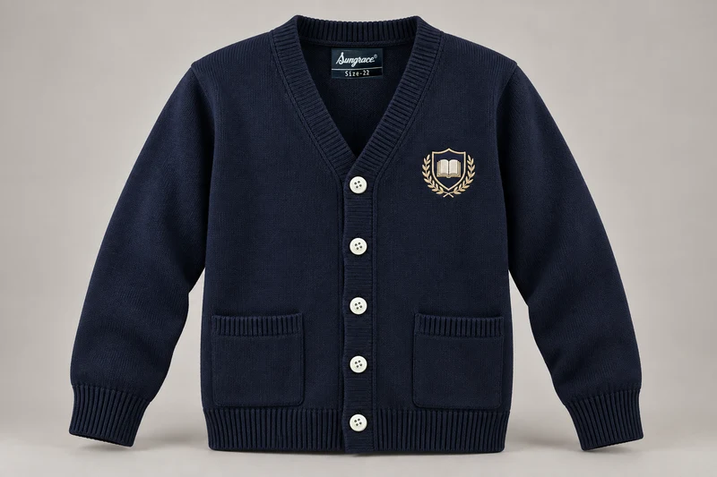 Full-Sleeve School Cardigans — Navy V-neck cardigan. product. Illustrative catalogue concept.