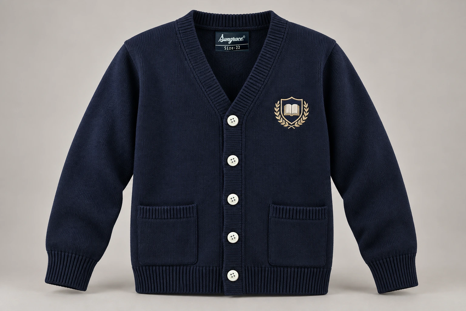 Full-Sleeve School Cardigans — Navy V-neck cardigan. product. Illustrative catalogue concept.