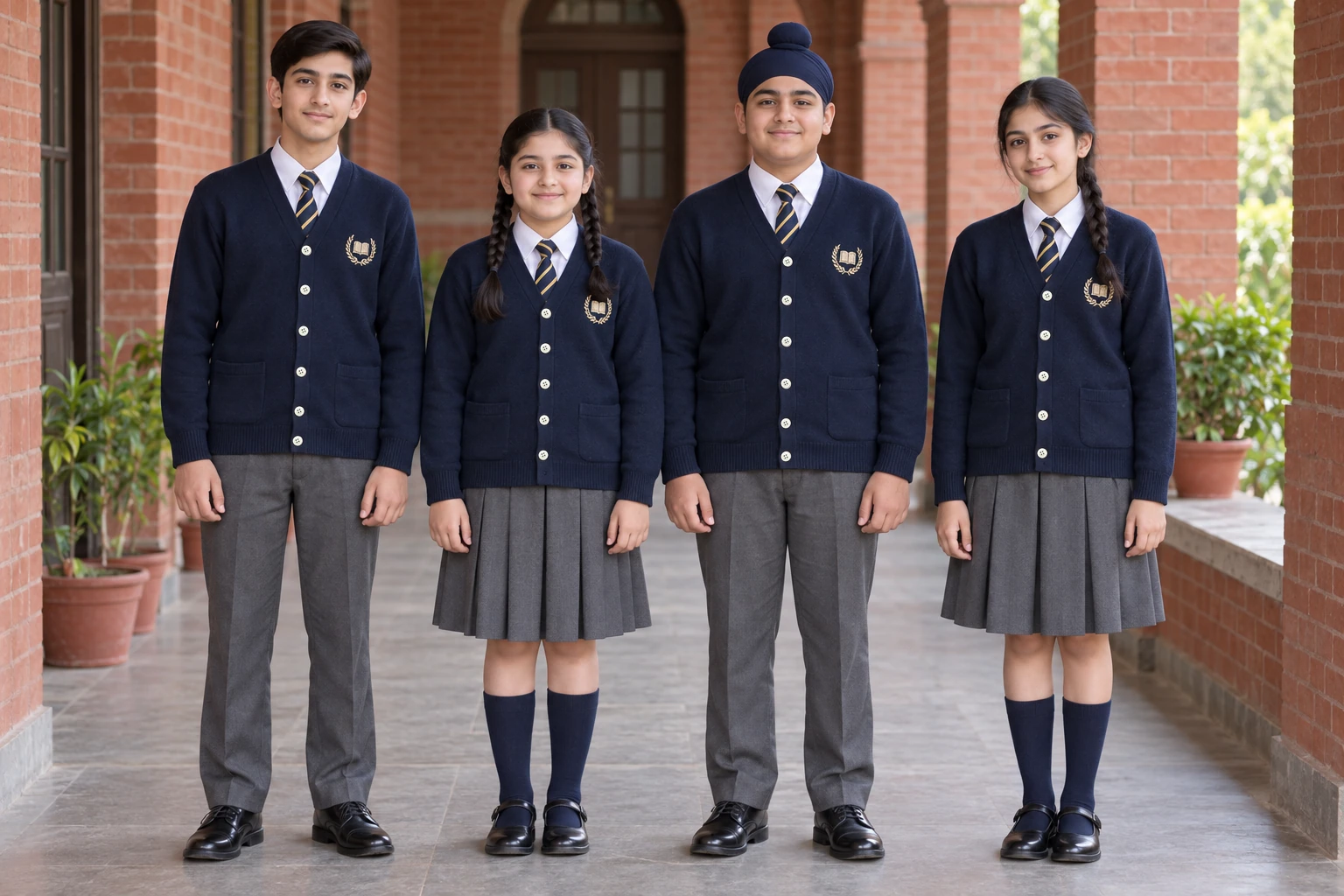 Full-Sleeve School Cardigans — Navy cardigan school group. model. Illustrative catalogue concept.