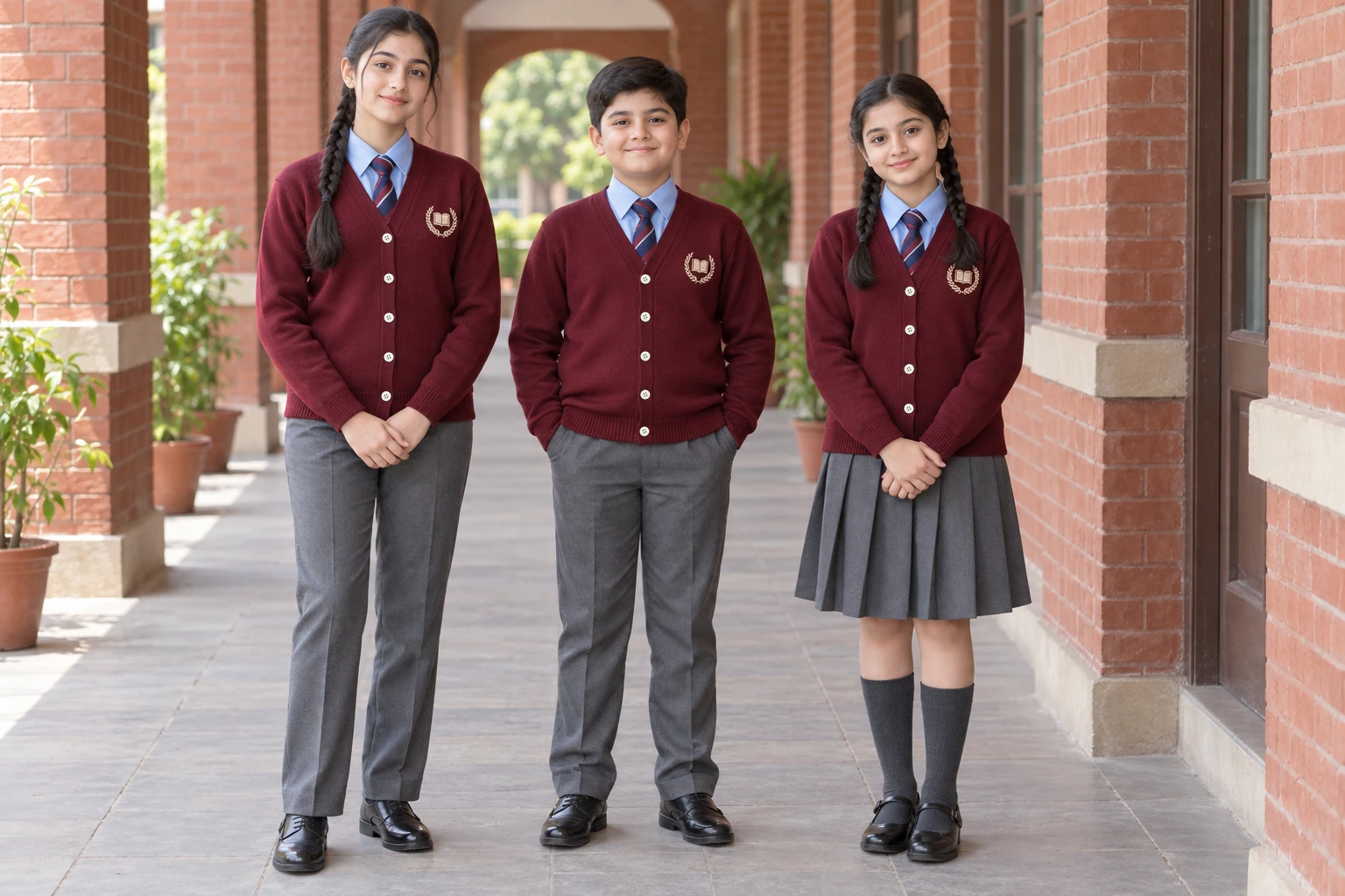 Full-Sleeve School Cardigans — Maroon cardigan school group. model. Illustrative catalogue concept.