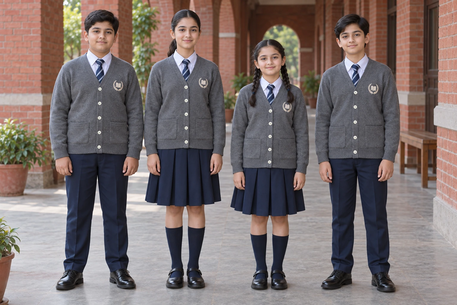 Full-Sleeve School Cardigans — Grey cardigan school group. model. Illustrative catalogue concept.