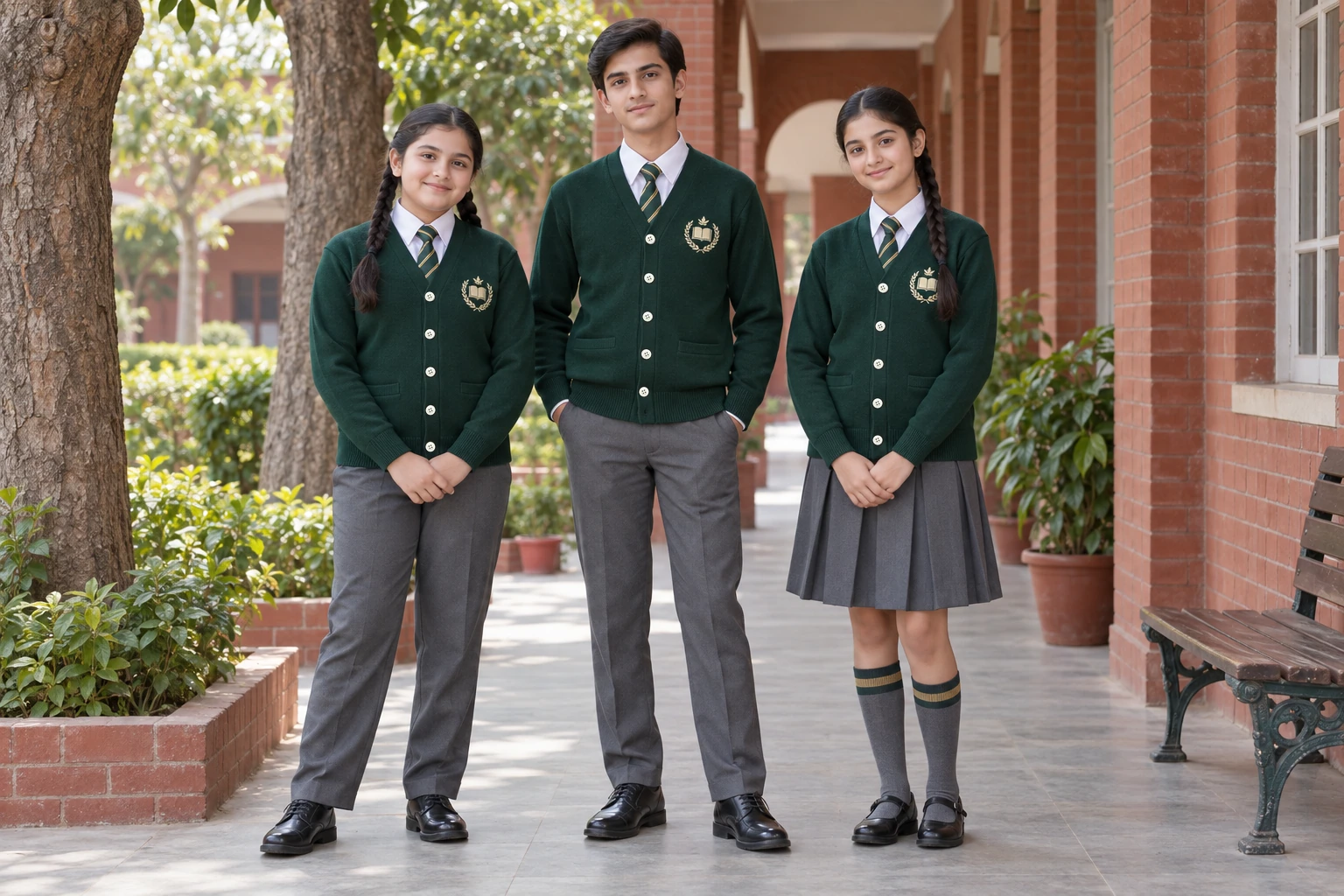Full-Sleeve School Cardigans — Bottle-green cardigan school group. model. Illustrative catalogue concept.