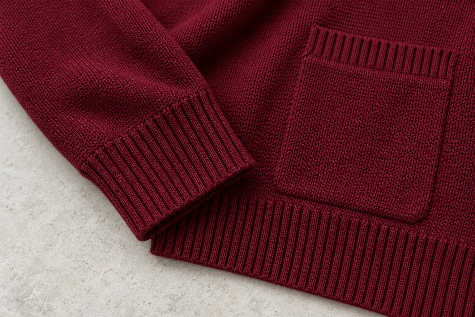 Full-Sleeve School Cardigans — Burgundy cardigan · cuff and hem detail. detail. Illustrative catalogue concept.