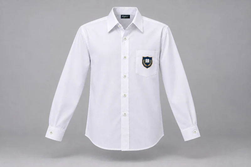 Full-Sleeve School Shirts — White classic. front product photograph. Illustrative catalogue concept.