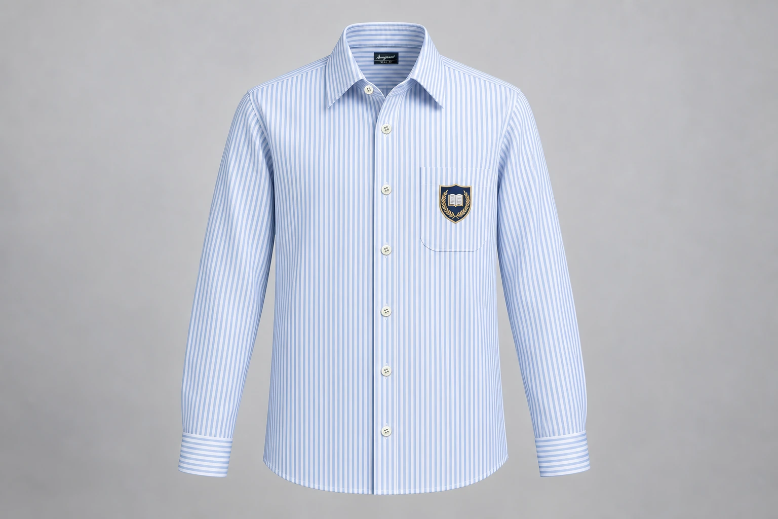 Full-Sleeve School Shirts — Blue pinstripe. front product photograph. Illustrative catalogue concept.