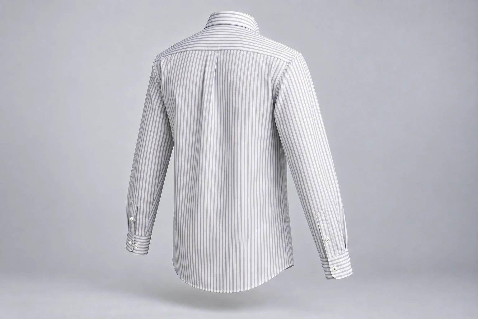Full-Sleeve School Shirts — Fine grey stripe. rear three-quarter product photograph. Illustrative catalogue concept.