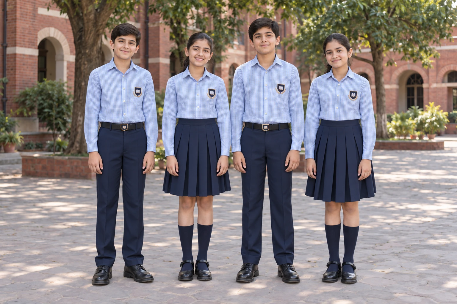 Full-Sleeve School Shirts — Blue check; two boys and two girls. full-length front group location photograph. Illustrative catalogue concept.