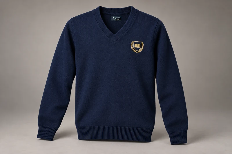 Full-Sleeve School Sweaters — Navy V-neck. product. Illustrative catalogue concept.