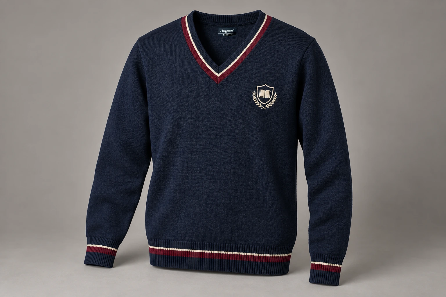 Full-Sleeve School Sweaters — Navy with burgundy contrast rib. product. Illustrative catalogue concept.