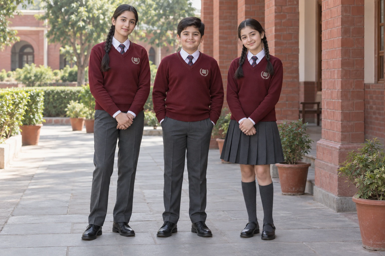 Full-Sleeve School Sweaters — Maroon winter campus group. model. Illustrative catalogue concept.