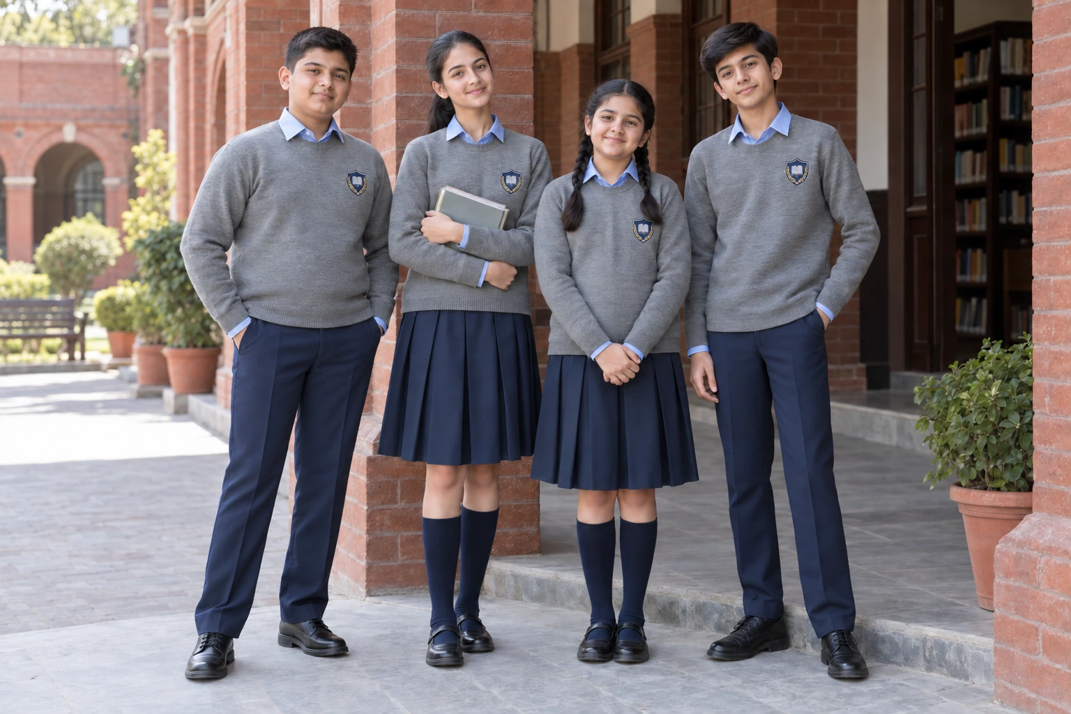 Full-Sleeve School Sweaters — Grey crew-neck campus group. model. Illustrative catalogue concept.