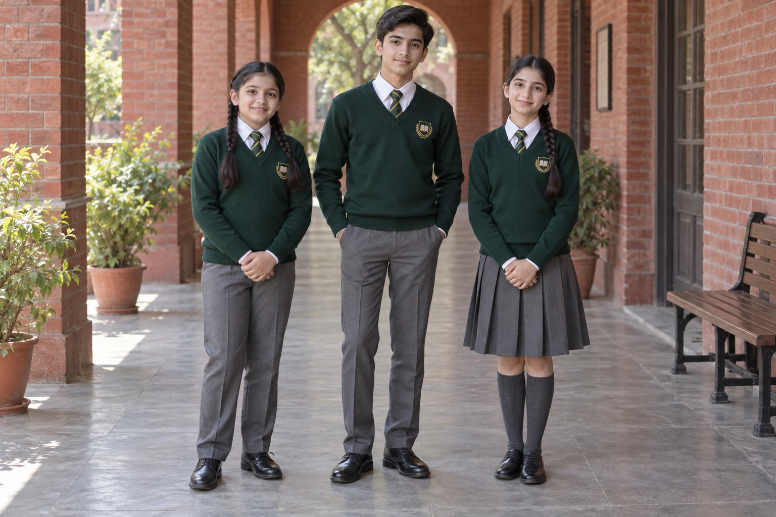 Full-Sleeve School Sweaters — Bottle-green winter campus group. model. Illustrative catalogue concept.