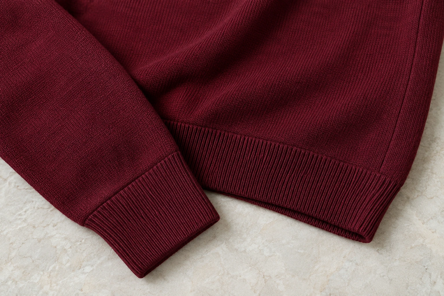 Full-Sleeve School Sweaters — Maroon cuff and hem construction. detail. Illustrative catalogue concept.