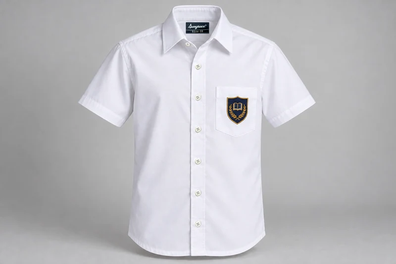 Half-Sleeve School Shirts — white with navy and gold sample shield crest. front product photograph. Illustrative catalogue concept.