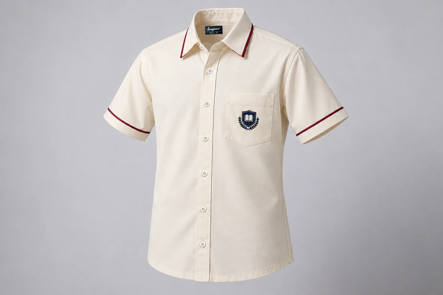 Half-Sleeve School Shirts — ivory with burgundy piping and navy sample crest. front three-quarter product photograph. Illustrative catalogue concept.