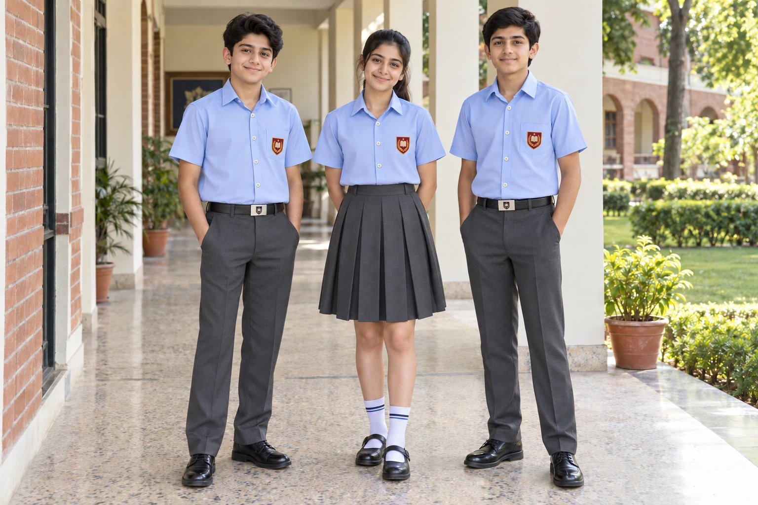 Half-Sleeve School Shirts — powder-blue shirts with charcoal bottoms; two boys and one girl. full-length front three-quarter group location photograph. Illustrative catalogue concept.