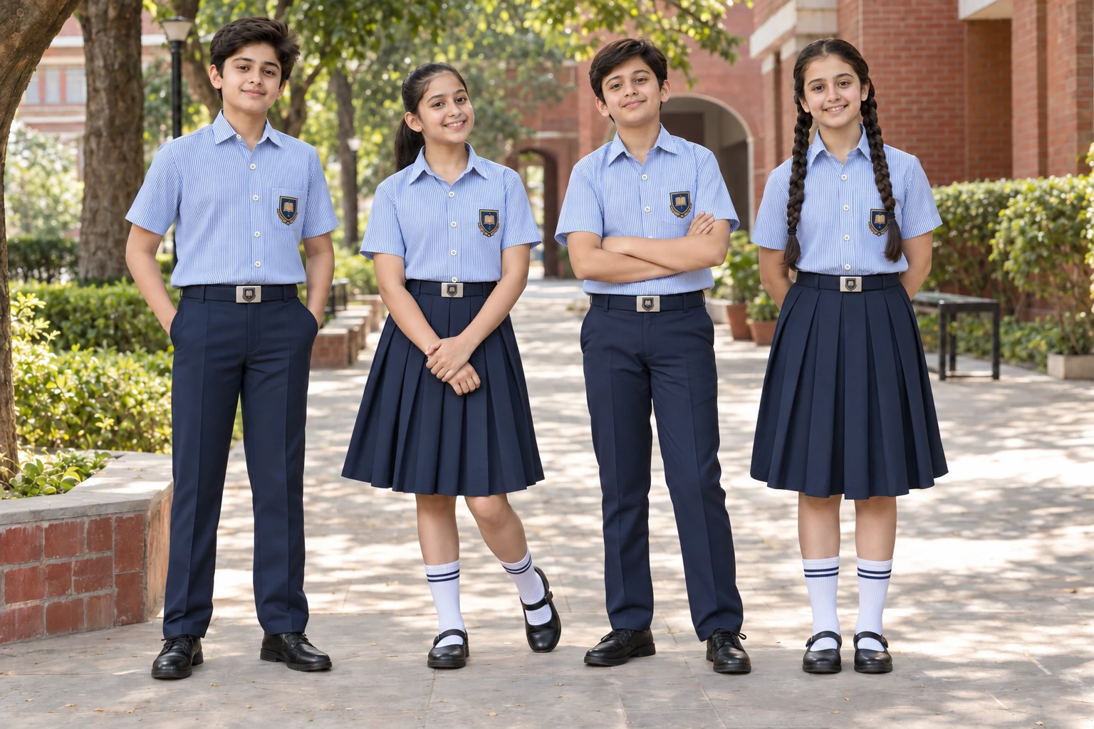 Half-Sleeve School Shirts — blue and white fine-stripe shirts with navy bottoms; two boys and two girls. full-length front group location photograph. Illustrative catalogue concept.