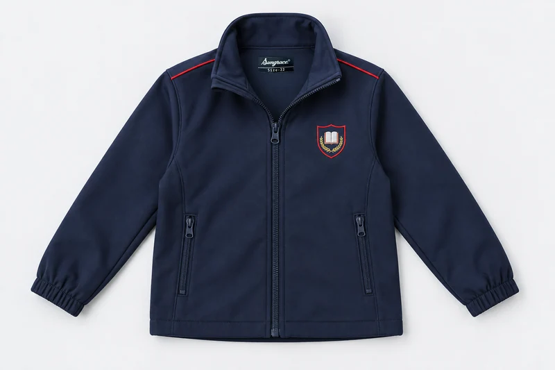 School Jackets for Small Children — navy softshell jacket, stand collar, red narrow shoulder piping, two neat inset zipped pockets and central navy zip. product. Illustrative catalogue concept.