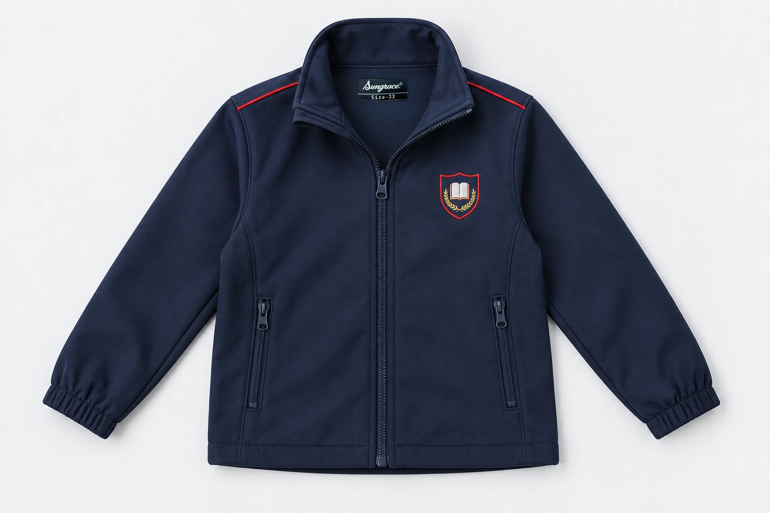 School Jackets for Small Children — navy softshell jacket, stand collar, red narrow shoulder piping, two neat inset zipped pockets and central navy zip. product. Illustrative catalogue concept.