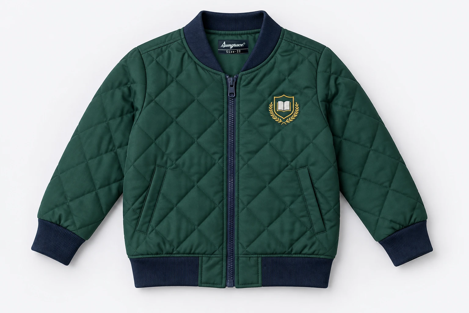 School Jackets for Small Children — forest green lightly quilted bomber, narrow navy ribbed collar cuffs hem, navy central zipper, subtle diamond quilting. product. Illustrative catalogue concept.