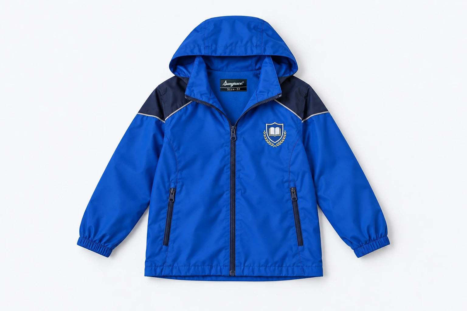 School Jackets for Small Children — royal blue lightweight school rain shell, simple hood laid back flat, navy shoulder panel, waterproof-style zip, NO hood drawstrings. product. Illustrative catalogue concept.