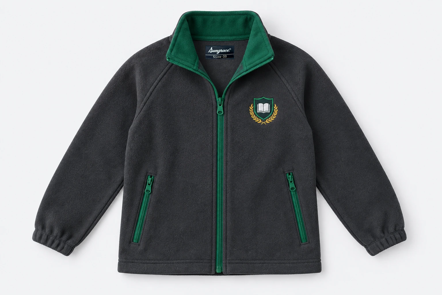 School Jackets for Small Children — charcoal microfleece jacket, emerald green stand collar facing and zips, gentle raglan seams, two zip side pockets. product. Illustrative catalogue concept.
