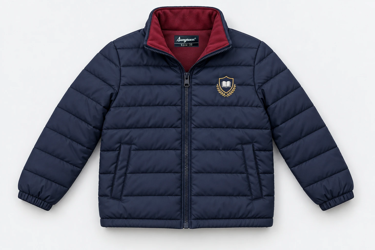 School Jackets for Small Children — navy horizontal channel quilted winter jacket, zip front, stand collar, burgundy inside collar, no hood. product. Illustrative catalogue concept.