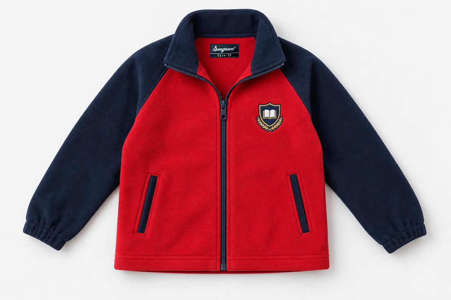 School Jackets for Small Children — school red fleece zip jacket, navy raglan sleeves and navy collar, two inset hand pockets. product. Illustrative catalogue concept.