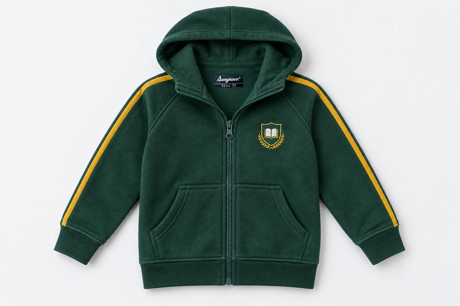 School Jackets for Small Children — bottle green brushed fleece jacket, hood laid back, mustard narrow sleeve stripes, secure full zipper, no drawstrings. product. Illustrative catalogue concept.