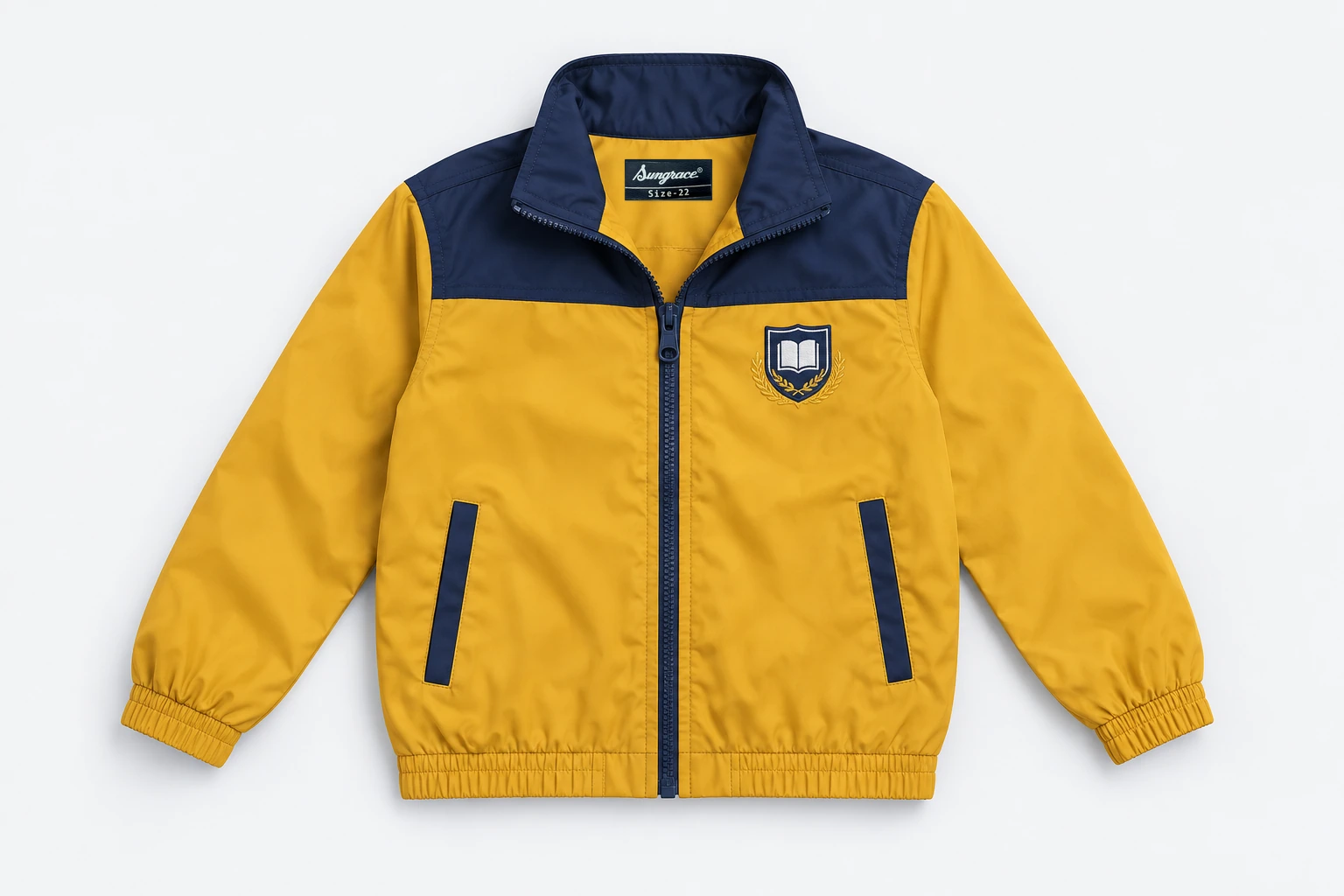 School Jackets for Small Children — mustard gold lightweight windcheater, navy stand collar and shoulder yoke, navy front zip and two welt hand pockets. product. Illustrative catalogue concept.
