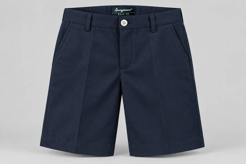 School Shorts — Navy flat front. front product photograph. Illustrative catalogue concept.