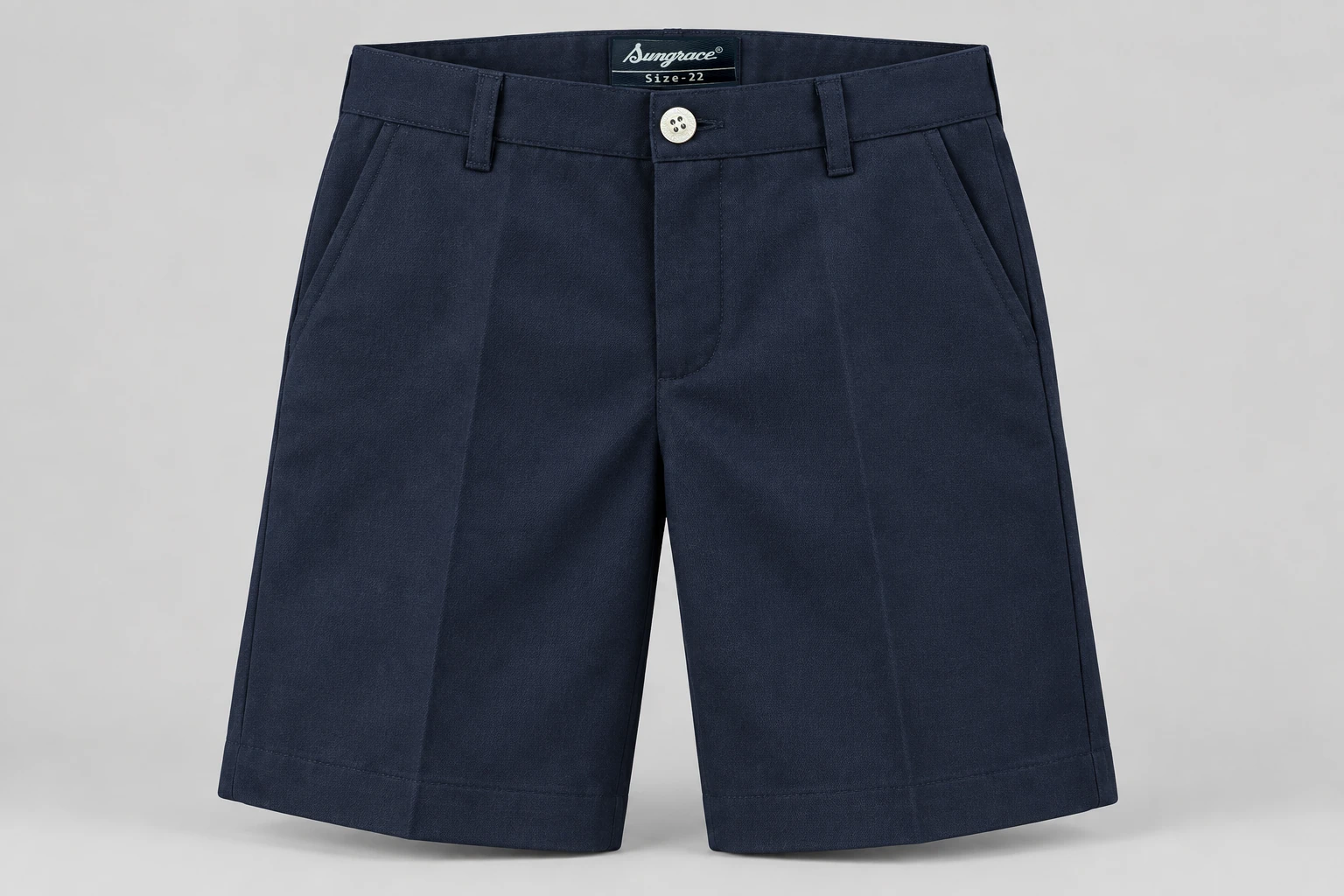 School Shorts — Navy flat front. front product photograph. Illustrative catalogue concept.