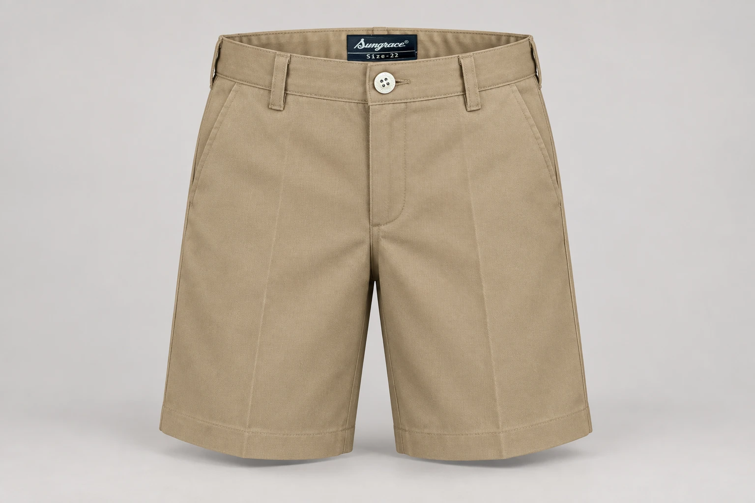 School Shorts — Khaki tailored. front product photograph. Illustrative catalogue concept.