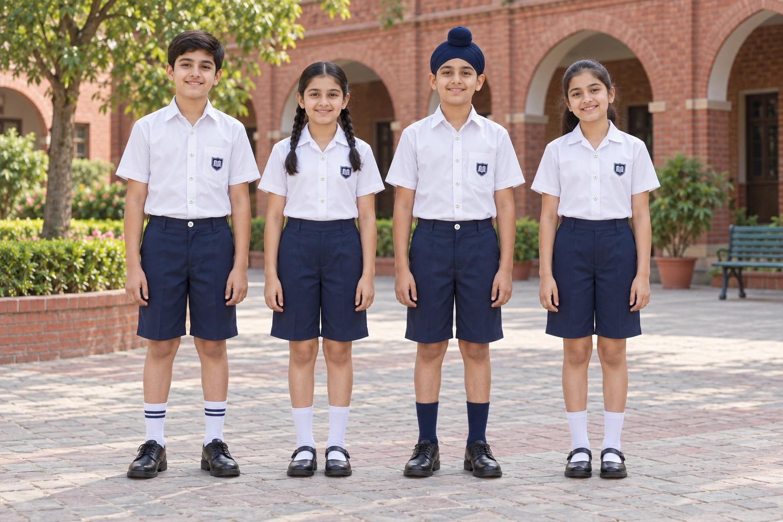 School Shorts — Navy flat front; two boys and two girls. full-length front group location photograph. Illustrative catalogue concept.