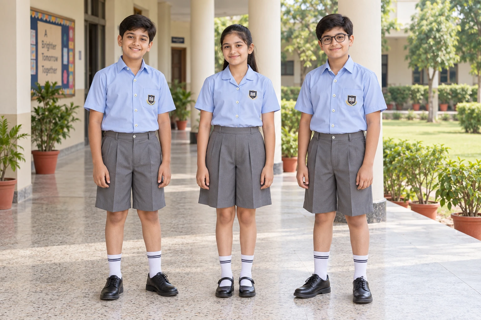 School Shorts — Grey pleated; two boys and one girl. full-length front three-quarter group location photograph. Illustrative catalogue concept.