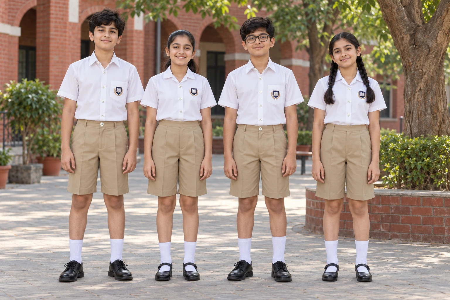 School Shorts — Khaki tailored; two boys and two girls. full-length front group location photograph. Illustrative catalogue concept.
