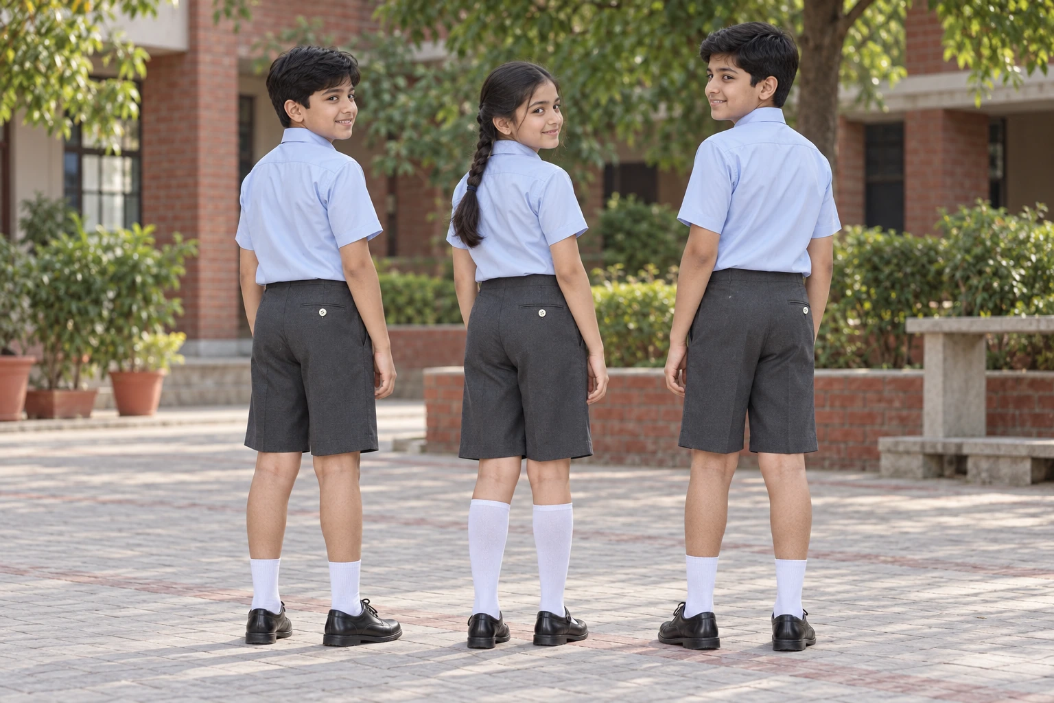 School Shorts — Charcoal adjustable waist; two boys and one girl. full-length rear three-quarter group location photograph. Illustrative catalogue concept.