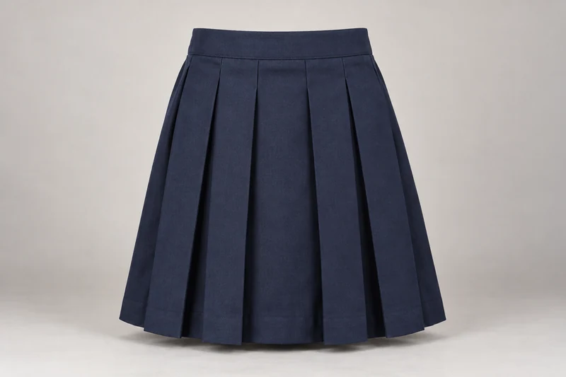 School Skirts — Navy box pleat. front product photograph. Illustrative catalogue concept.