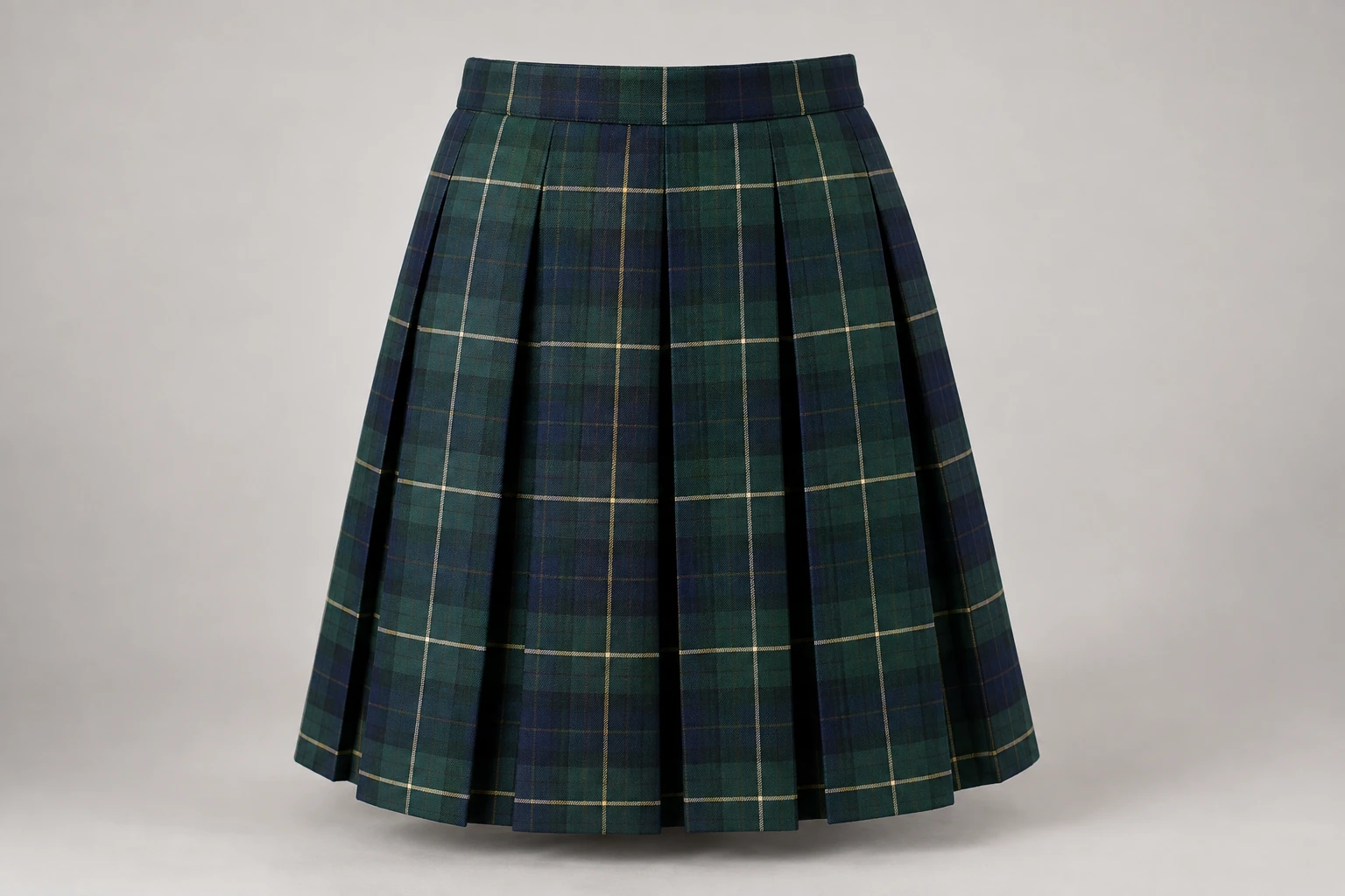 School Skirts — Green tartan. front product photograph. Illustrative catalogue concept.
