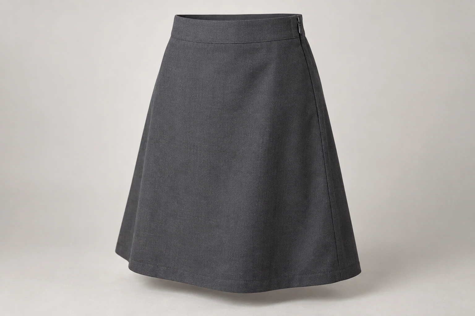 School Skirts — Charcoal A-line. front three-quarter product photograph. Illustrative catalogue concept.