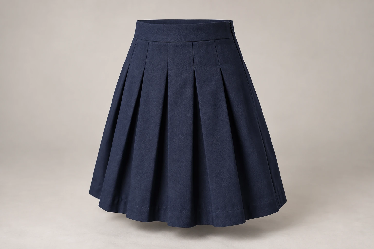 School Skirts — Navy stitch-down pleat. front three-quarter product photograph. Illustrative catalogue concept.